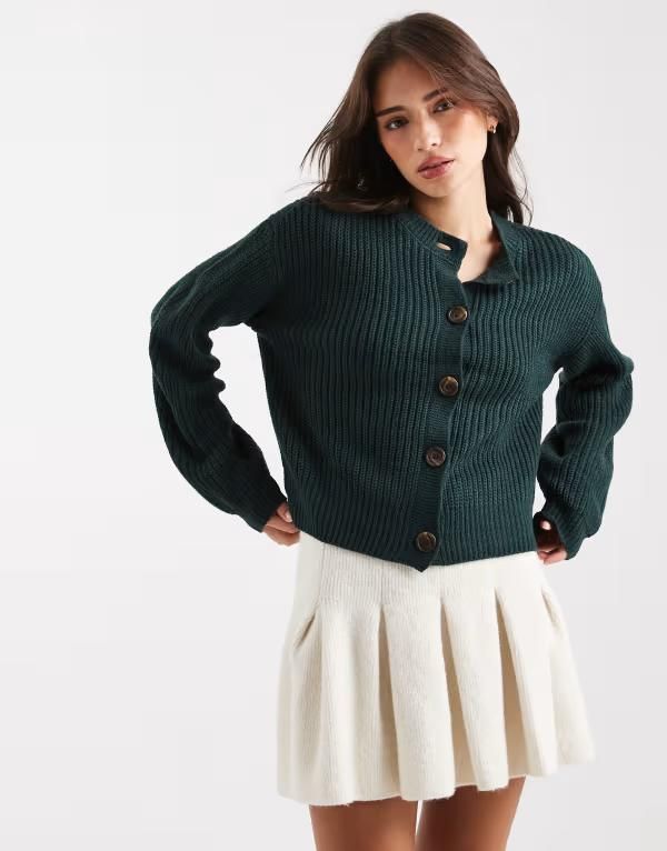ヴェロモーダ レディース アウター カーディガン Vero Moda chunky rib round neck cardigan in pine Pine grove グリーン