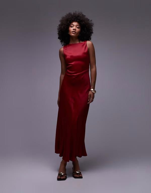 アンドアザーストーリーズ レディース トップス ワンピース クレープ ミディワンピース ドレープ ミディ サテン Other Stories satin crepe midi dress with drape neck RED レッド
