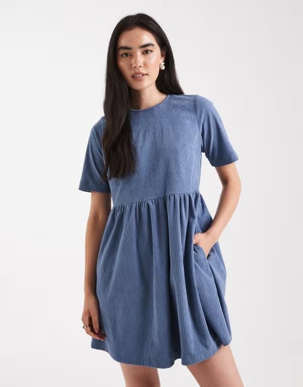 スリードベア レディース トップス ワンピース ミニ コットン Threadbare cotton cord short sleeve mini dress BLUE ブルー
