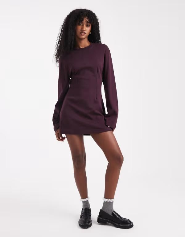モンキ レディース トップス ワンピース シャツワンピース ウエストマーク ミニ Tシャツ Monki cinched waist long sleeve mini tshirt dress in plum Plum プラム
