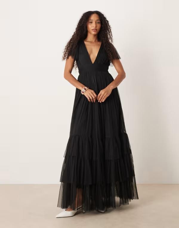 レース アンド ビーズ レディース トップス ワンピース マキシワンピース マキシ Lace Beads Bridesmaid Madison maxi dress Black ブラック
