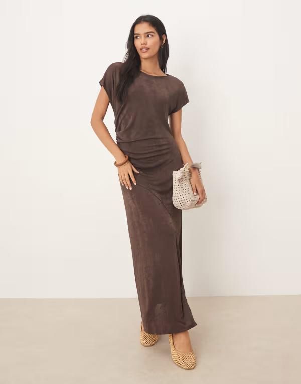 エイソス レディース トップス ワンピース マキシワンピース キャップ マキシ ASOS DESIGN slinky cap sleeve maxi dress with seam detail BROWN ブラウン