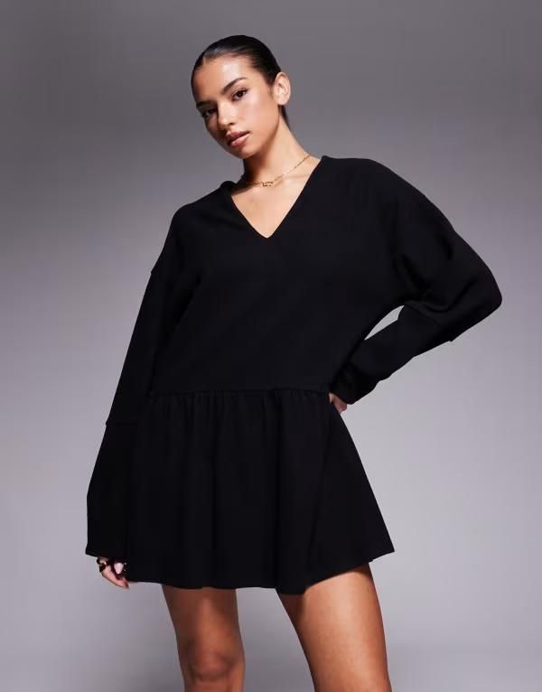 エイソス レディース トップス ワンピース ミニワンピース ミニ ASOS DESIGN super soft Vfront dropped waist mini dress Black ブラック