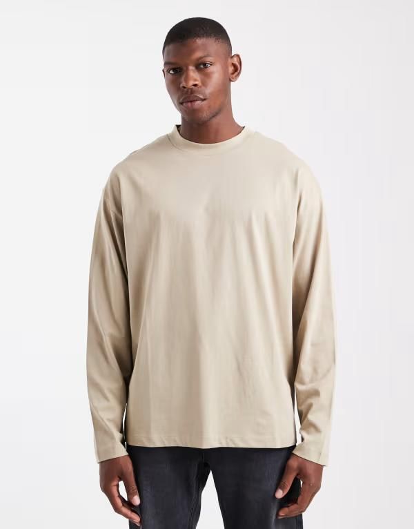 エイソス メンズ トップス Tシャツ ASOS DESIGN essentials oversized long sleeve Tshirt in stone Crockery ストーン