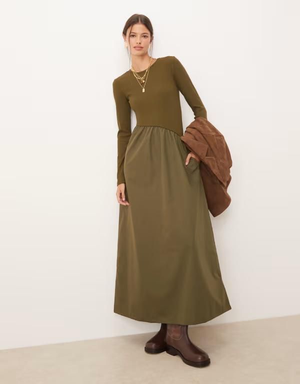 スリードベア レディース トップス ワンピース ミディワンピース ミディ スカート Threadbare long sleeve midi dress with poplin skirt Khaki カーキ