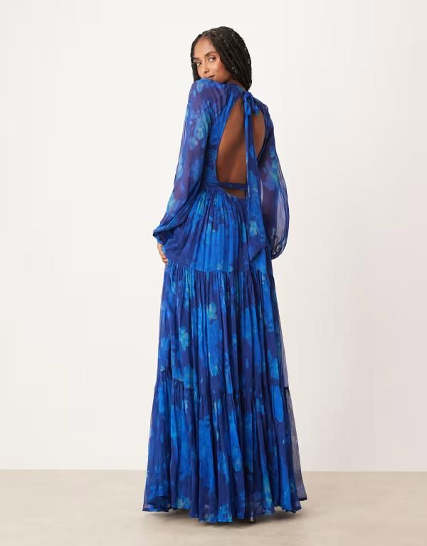 レース アンド ビーズ レディース トップス ワンピース シフォン バルーンスリーブ マキシワンピース マキシ Lace Beads chiffon balloon sleeve maxi dress in cobalt Cobalt コバルト