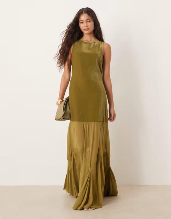 エイソス レディース トップス ワンピース マキシワンピース ベルベット シアー スカート マキシ ASOS DESIGN dropped waist velvet maxi dress with sheer godet skirt in olive Oliv