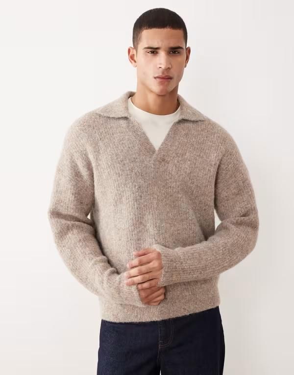 エイソス メンズ トップス ポロシャツ ウール セーター ニット ASOS DESIGN relaxed knit wool mix notch neck polo sweater BEIGE ベージュ