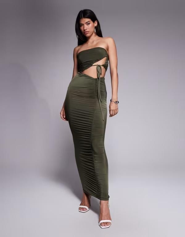 エイソス レディース トップス ワンピース マキシワンピース ギャザー マキシ ASOS DESIGN bandeau ruched maxi dress Khaki カーキ
