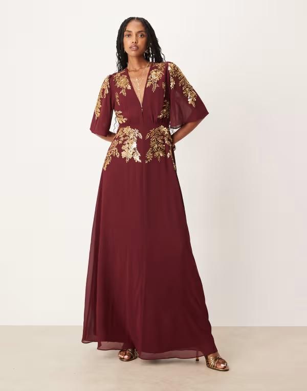 ホープ&アイビー レディース トップス ワンピース Vネック マキシワンピース マキシ Hope Ivy vneck embellished maxi dress Burgundy バーガンディ