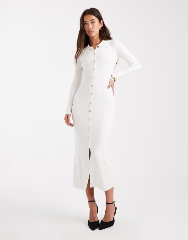 フォースレックレス レディース トップス ワンピース マキシワンピース リブ ニット マキシ 4th Reckless ribbed knit gold button up collared maxi dress in cream CREAM クリーム