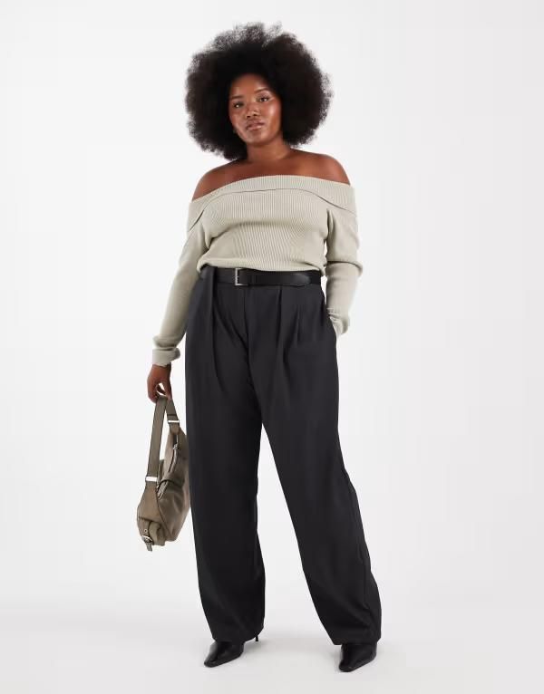 エイソス レディース ボトムス カジュアルパンツ ストレート ハイウエスト パンツ ASOS DESIGN Curve tailored high waist belted straight leg pants heather gray heather グレー