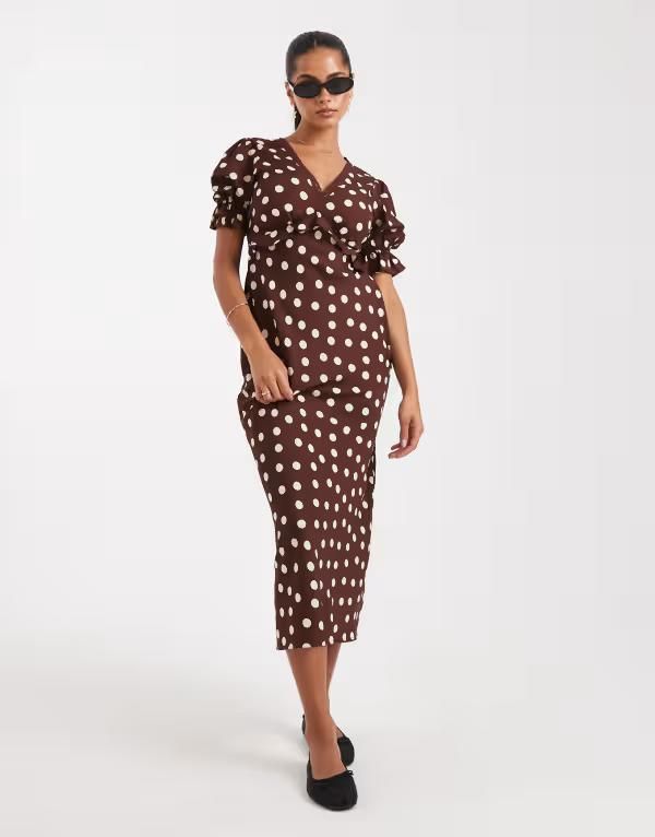 ウェンズデーガール レディース トップス ワンピース ドット柄 ドット Wednesdays Girl polka dot midaxi dress BROWN ブラウン