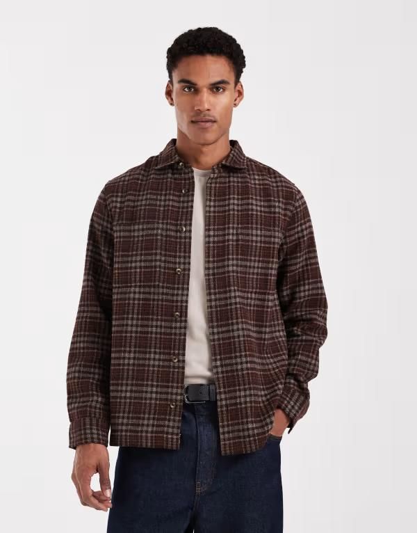 エイソス メンズ トップス シャツ ASOS DESIGN boxy oversized shirt plaid BROWN ブラウン