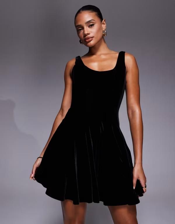 レア レディース トップス ワンピース プリーツスカート プリーツ ミニ ベルベット スカート Rare London premium velvet scoop neck pleated skirt mini skater dress Black ブラック