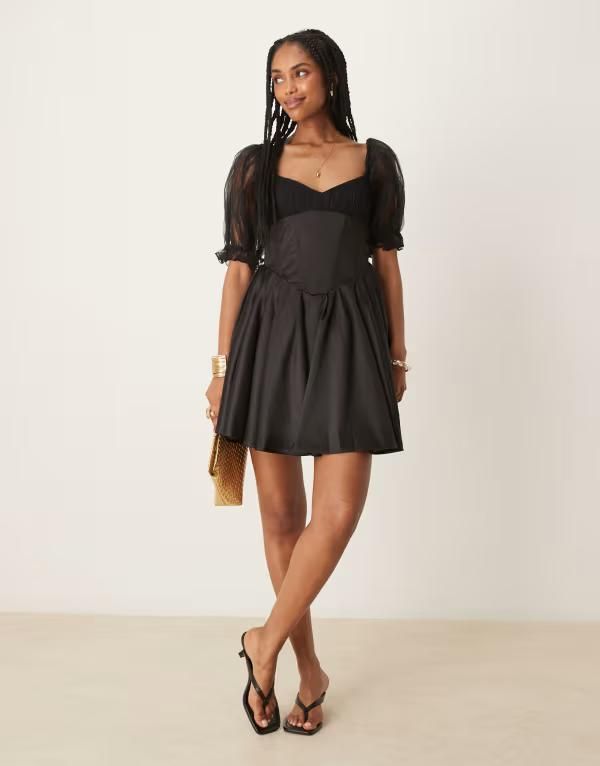 レース アンド ビーズ レディース トップス ワンピース バルーンスリーブ ミニワンピース ミニ Lace Beads balloon sleeve corset mini dress Black ブラック