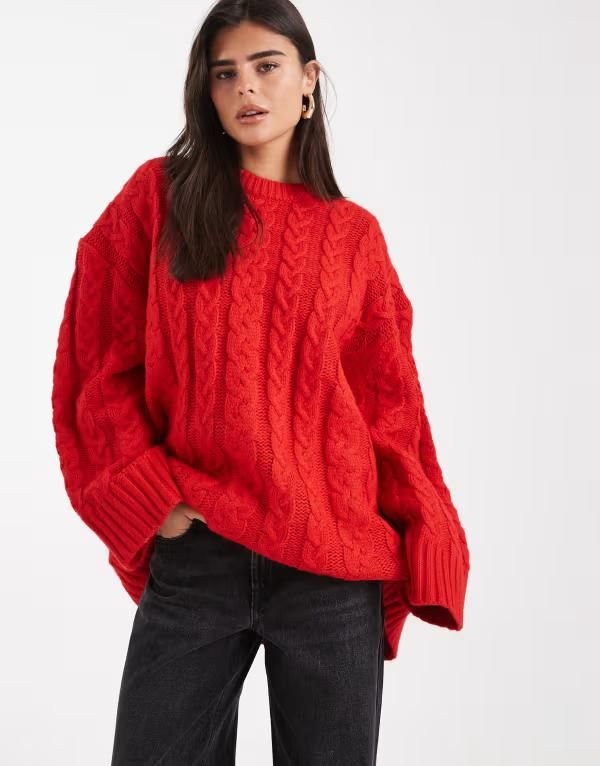エイソス レディース アウター ニット・セーター クルーネック セーター ニット ASOS DESIGN oversized crew neck cable knit sweater RED レッド