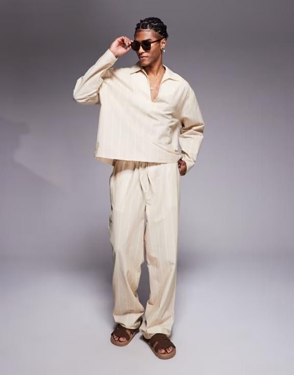 エイソス メンズ ボトムス カジュアルパンツ パンツ ASOS DESIGN baggy striped pants part of a set Oatmeal オートミール
