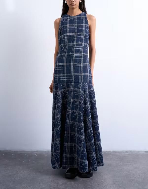 トップショップ レディース トップス ワンピース ミディワンピース ミディ Topshop dropped waist full circle hem midi dress plaid NAVY ネイビー