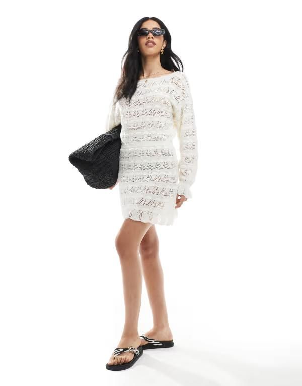 ミスセルフフリッジ レディース トップス ワンピース ミニワンピース ミニ ニット Miss Selfridge knit tie waist crochet mini dress in cream CREAM クリーム