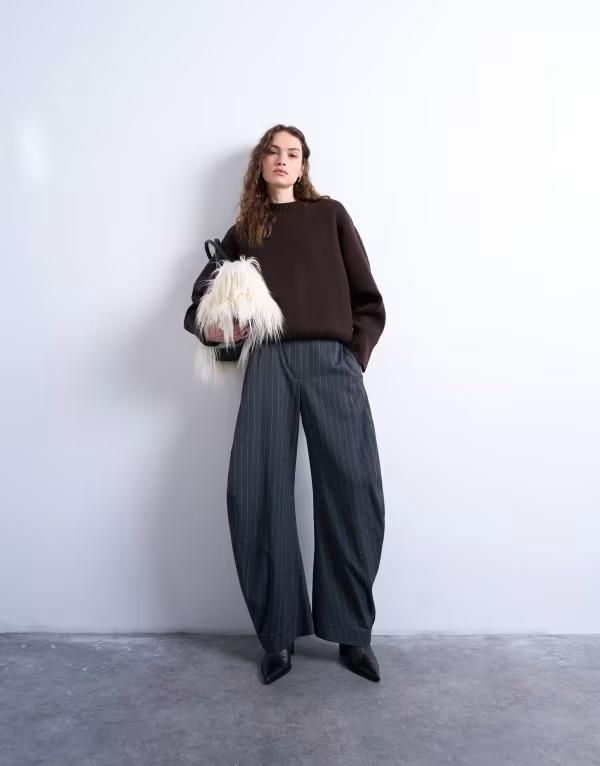 トップショップ レディース ボトムス カジュアルパンツ パンツ Topshop tailored stripe barrel leg pants Gray グレー