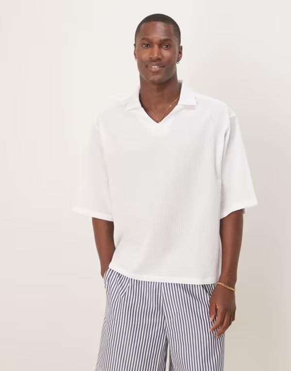 エイソス メンズ トップス シャツ ASOS DESIGN oversized overhead half sleeve seersucker shirt WHITE ホワイト
