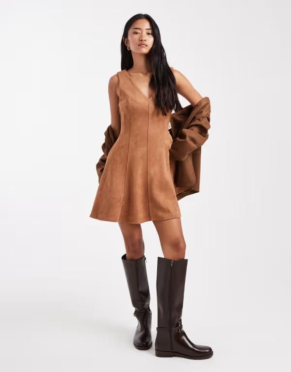 ミスセルフフリッジ レディース トップス ワンピース ミニワンピース ミニ スエード Miss Selfridge suedette mini dress BROWN ブラウン