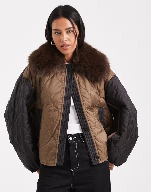エイソス レディース アウター コート キルティング ジャケット ASOS DESIGN quilted hybrid teddy collarless jacket with pink lining in mocha Mocha モカ