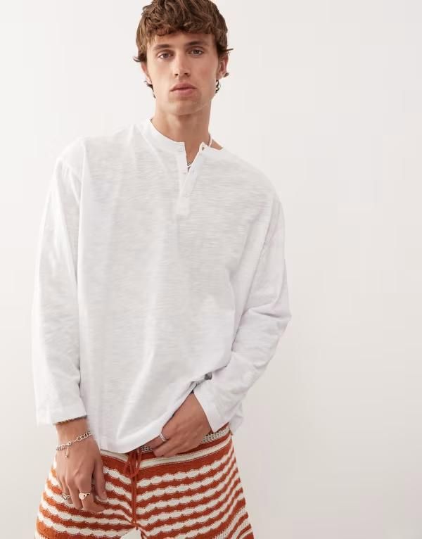 リクレイム ヴィンテージ メンズ トップス Tシャツ ジャージー Reclaimed Vintage long sleeve slubby jersey henley tshirt WHITE ホワイト
