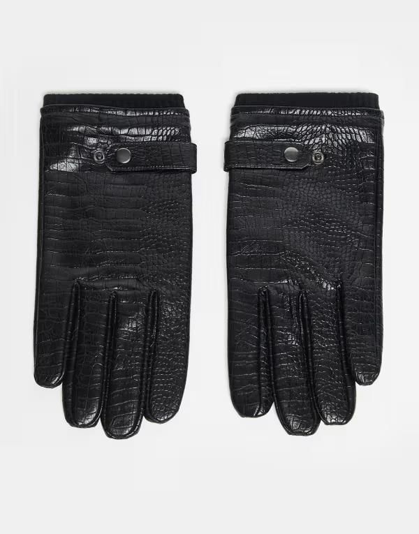 エイソス メンズ アクセサリー 手袋 レザー フェイクレザー ASOS DESIGN faux leather croc dressy gloves Black ブラック