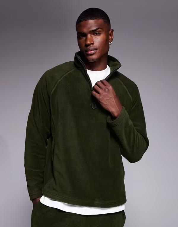 エイソス メンズ アウター パーカー・スウェット ハーフジップ スタンドネック スウェット シャツ フリース ASOS DESIGN oversized funnel neck quarter zip fleece sweatshirt Forest nigh