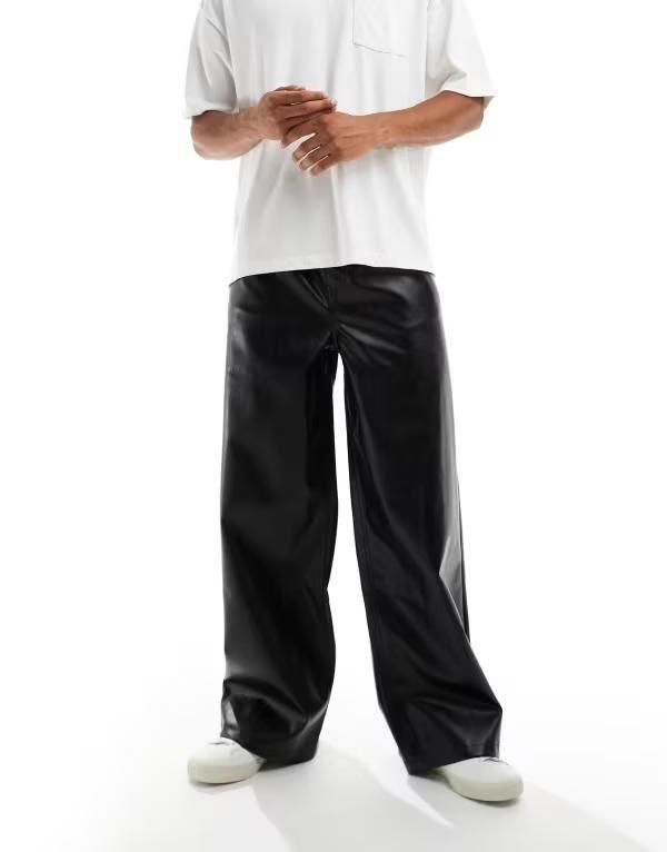 エイソス メンズ ボトムス カジュアルパンツ パンツ レザー フェイクレザー ASOS DESIGN super baggy pants faux leather Black ブラック