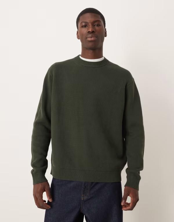 セレクティッド メンズ アウター ニット・セーター セーター ニット Selected boxy knit sweater in dark Deep Forest フォレスト