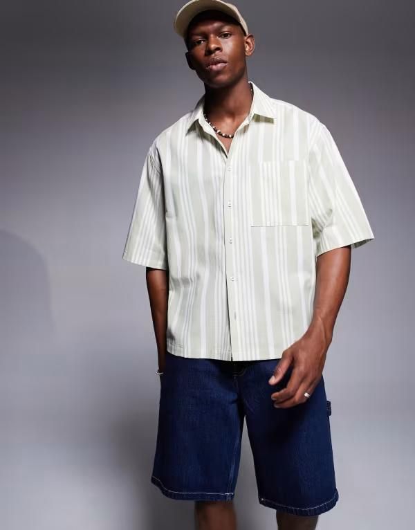 エイソス メンズ トップス シャツ ASOS DESIGN oversized shirt in neutral stripe STONE ストーン
