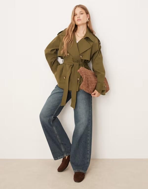 エイソス レディース アウター ジャケット・ブルゾン コート ASOS DESIGN oversized short trench coat with belt in olive Olive オリーブ