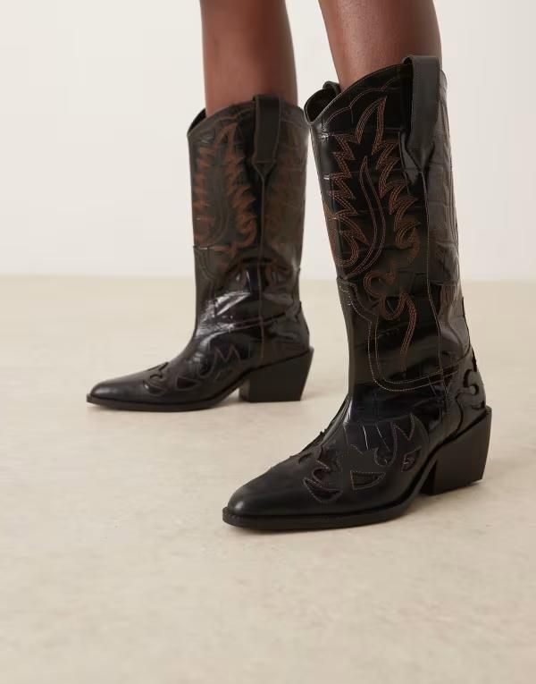 エイソス レディース シューズ ブーツ・レインブーツ レザー ASOS DESIGN Camryn leather cowboy knee boots croc mix with stitching details BLACK LEATHER ブラック