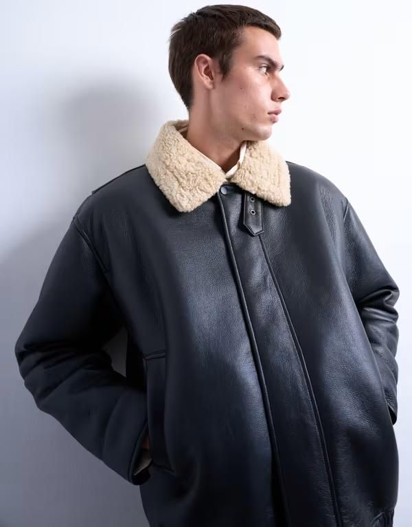 トップマン メンズ アウター ジャケット・ブルゾン レザー フェイクレザー ジャケット Topman faux leather bomber jacket with faux shearling collar Black ブラック