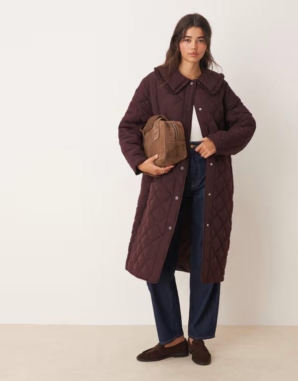 ミスセルフフリッジ レディース アウター コート キルティング マキシ Miss Selfridge quilted liner maxi coat in plum Plum プラム