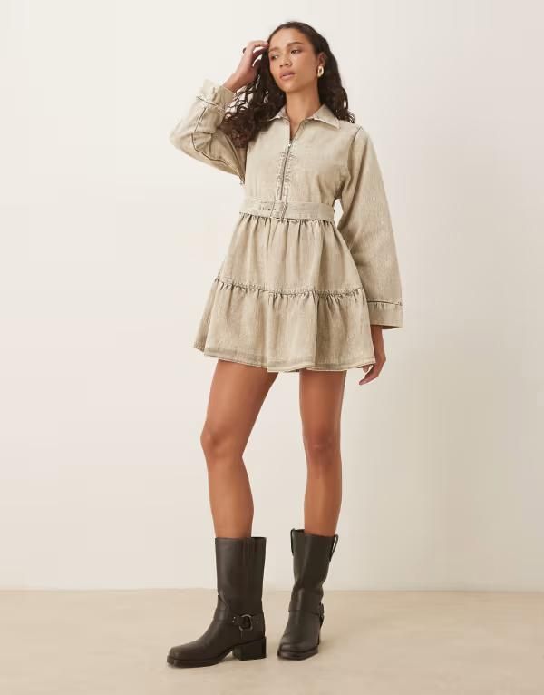 エイソス レディース トップス ワンピース シャツワンピース ティアード ミニ シャツ スカート デニム ASOS DESIGN heavy twill belted mini shirt dress with tiered skirt denim wash