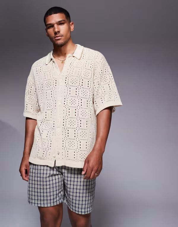 アダプト メンズ トップス シャツ ニット ADPT knit crochet shirt in cream ECRU エクリュ