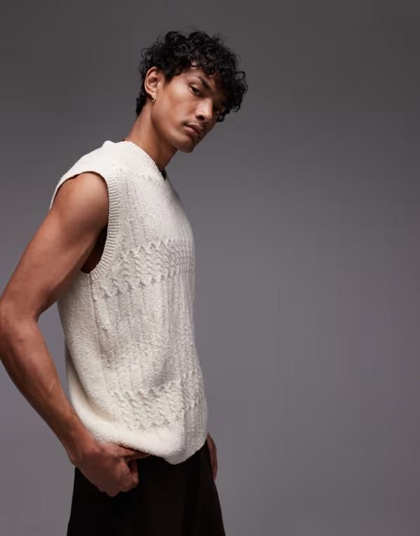 トップマン メンズ トップス ベスト リラックスフィット ニット Topman relaxed fit cable knit tank top in stone STONE ストーン