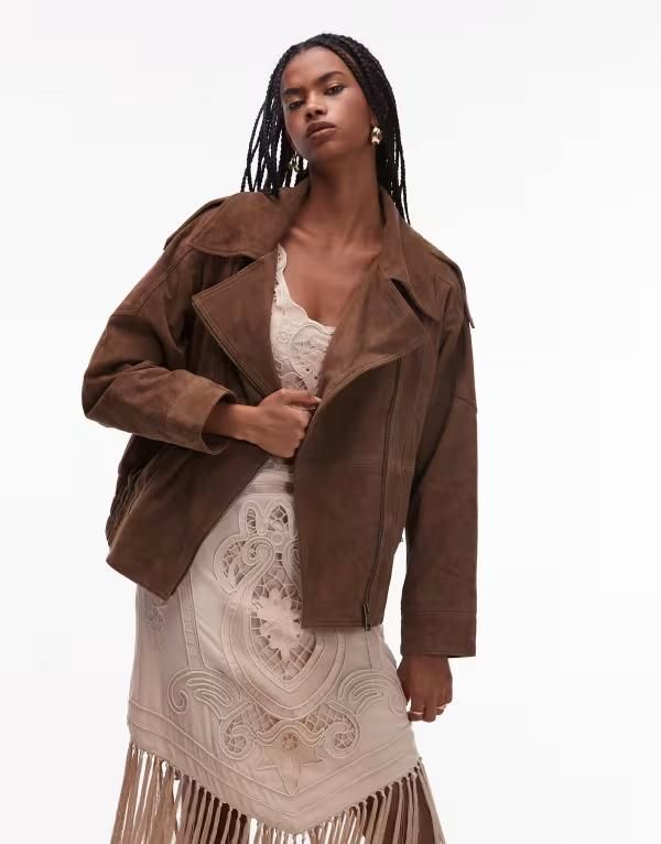 エイソス レディース アウター ジャケット・ブルゾン キルティング スエード ジャケット ASOS DESIGN real suede moto jacket with quilted lining Brown ブラウン