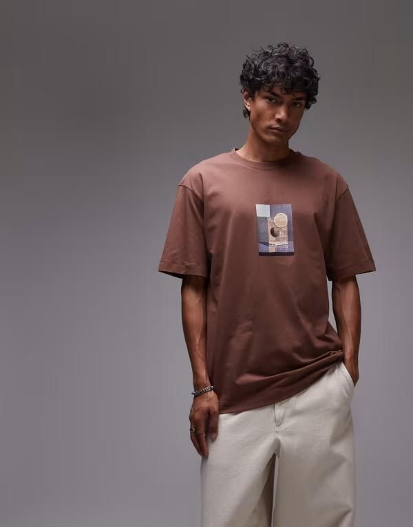 トップマン メンズ トップス Tシャツ オーバーサイズフィット プリント シャツ Topman oversized fit Tshirt with lime cocktail print BROWN ブラウン