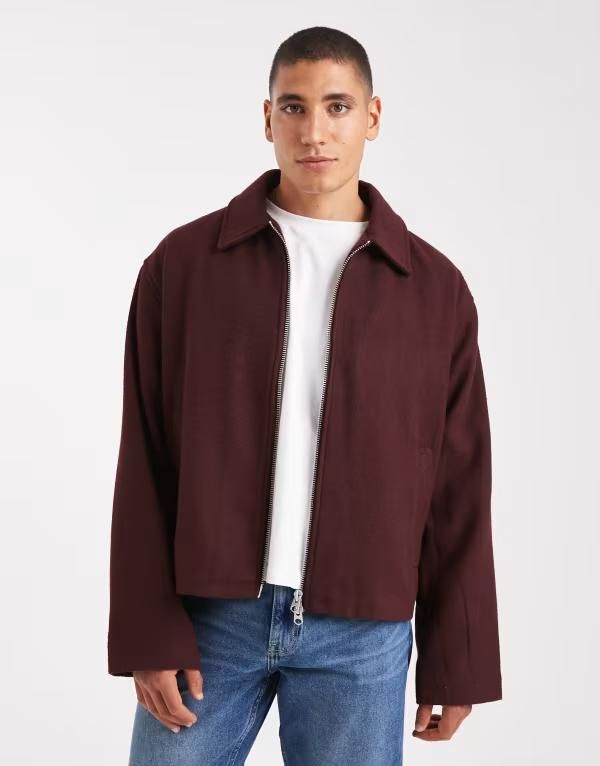 エイソス メンズ アウター ジャケット・ブルゾン ウール ジャケット ASOS DESIGN wool look harrington jacket Burgundy バーガンディ