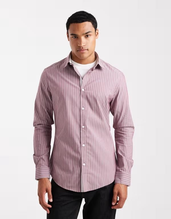 エイソス メンズ トップス シャツ コントラスト ASOS DESIGN slim stripe shirt with contrast cuff Burgundy バーガンディ
