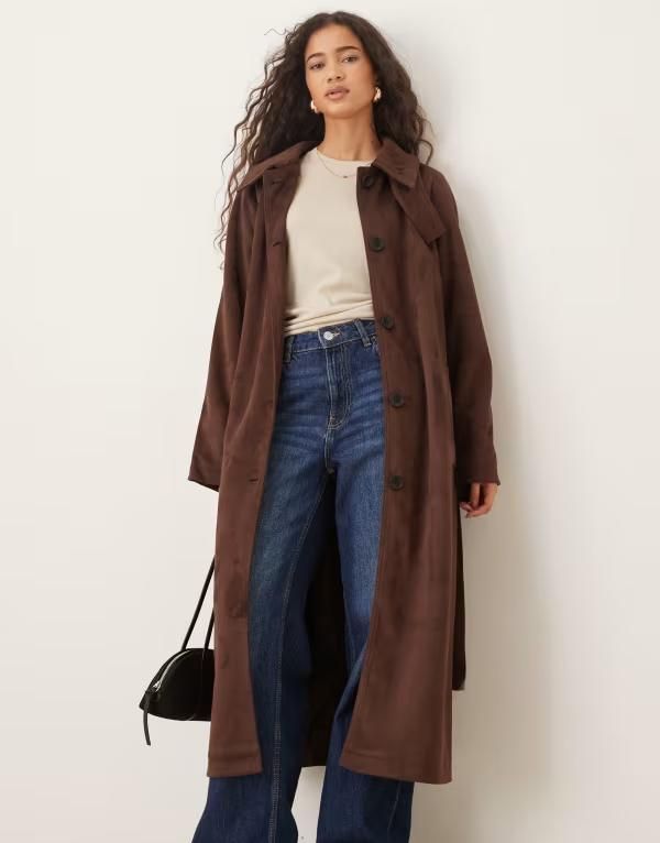 エイソス レディース アウター コート スタンドネック スエード ASOS DESIGN faux suede funnel neck trench coat in chocolate chocolate チョコレート
