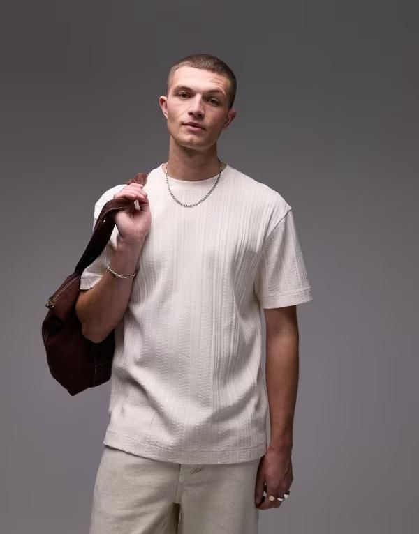 トップマン メンズ トップス Tシャツ オーバーサイズフィット シャツ ニット Topman oversized fit pointelle knit Tshirt in ecru ECRU エクリュ
