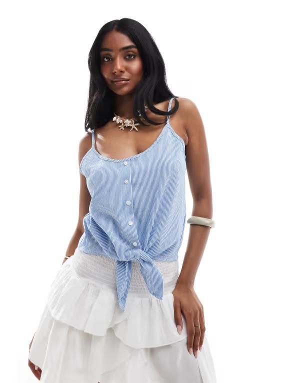 オンリー レディース トップス ベスト クロップド ONLY knot front cropped tank top blue stripe Cloud Dancer ホワイト
