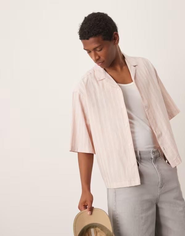エイソス メンズ トップス シャツ ASOS DESIGN boxy oversized revere shirt stripe Dusty pink ピンク