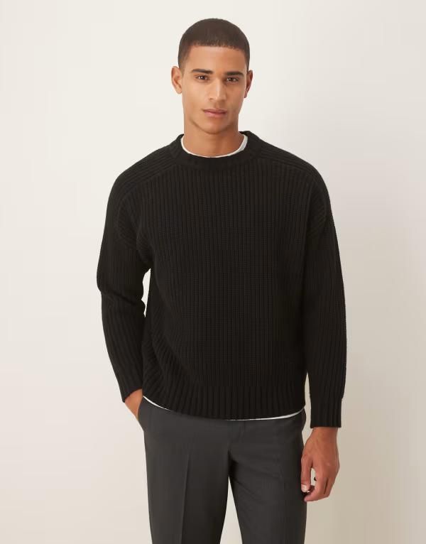エイソス メンズ アウター ニット・セーター リブ ウール セーター ニット ASOS DESIGN oversized heavyweight knit wool blend ribbed sweater Black ブラック